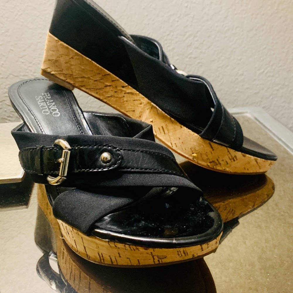 Franco Sarto Black Cork Wedge Mules with Buckle Detail